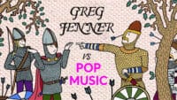 "Greg Jenner vs Pop Music" against a parody of The Bayeux Tapestry