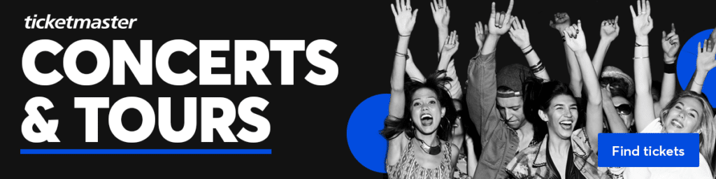 The "Ticketmaster Concerts & Tours" banner, with people cheering in a crowd and a "find tickets" button