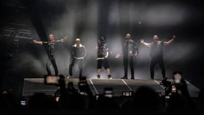 Ritchie Neville, Sean Conlon, Abz Love, Scott Robinson and Jason "J" Brown of Five perform on stage
