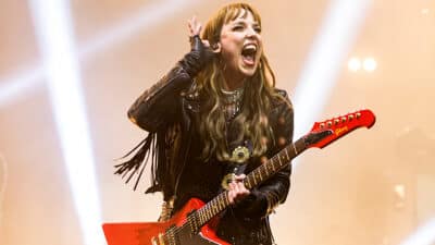 Lzzy Hale of Halestorm performs onstage during a concert at The O2 Arena