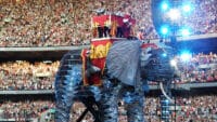 The members of Take That perform on board a giant mechanical elephant during their 'Circus' tour at Wembley Stadium in 2009