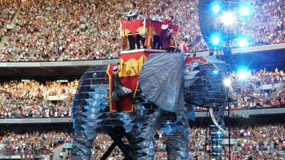 The members of Take That perform on board a giant mechanical elephant during their 'Circus' tour at Wembley Stadium in 2009