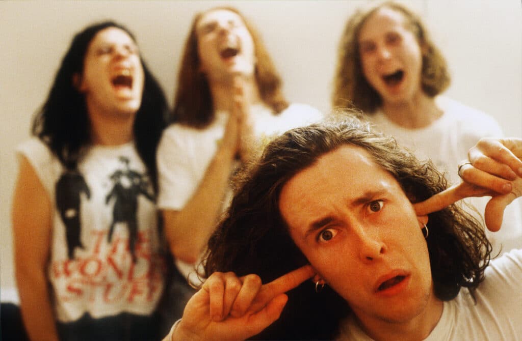 Portrait of The Wonder Stuff: Miles Hunt, Malcolm Treece, Rob Jones (AKA The Bass Thing) and Martin Gilks, in 1988.
