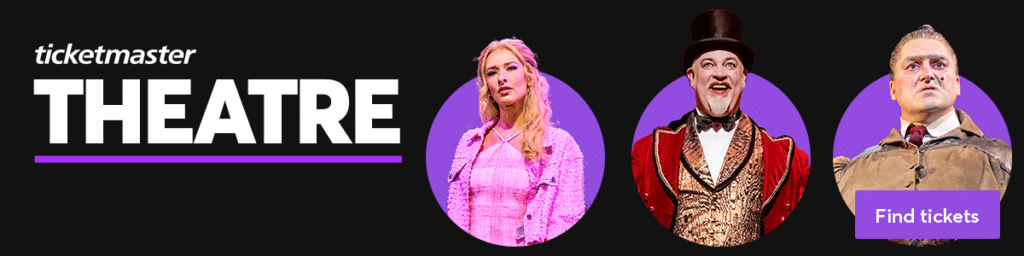 Ticketmaster's Theatre banner, showing a triptych of West End scenes