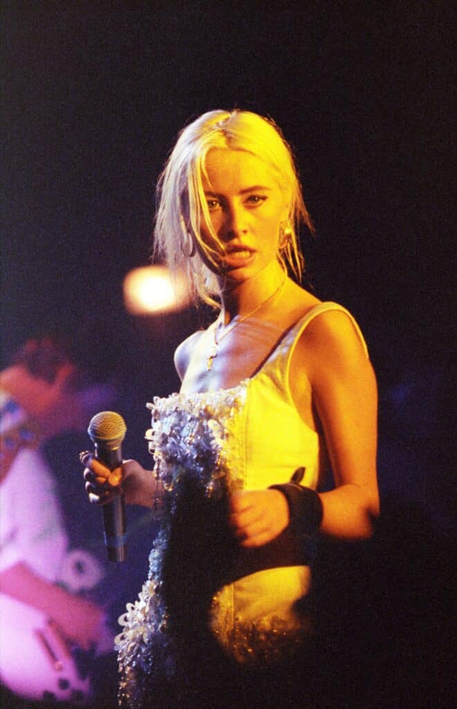 Wendy James of Transvision Vamp performs on stage at Brixton Academy on June 21st, 1991. 
