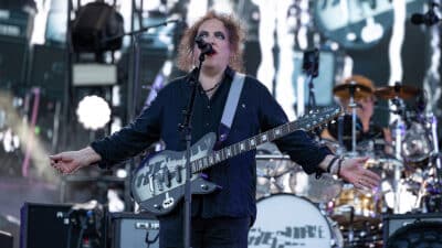 Robert Smith of The Cure performs onstage during a concert at Blackweir Fields on June 24, 2026 in Cardiff, Wales.