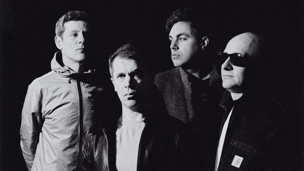 A black and white image of the British indie rock band Hard-Fi