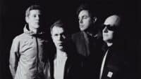 A black and white image of the British indie rock band Hard-Fi