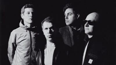 A black and white image of the British indie rock band Hard-Fi