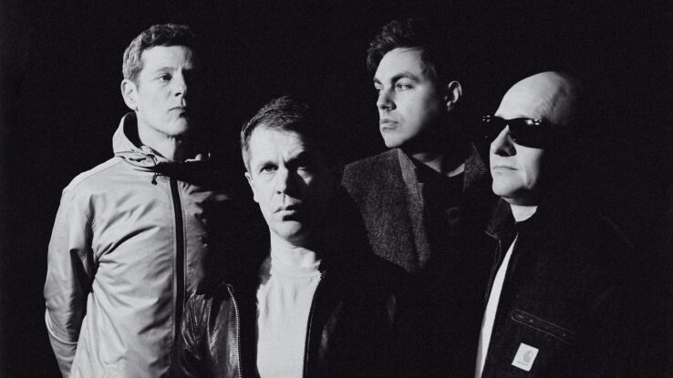 A black and white image of the British indie rock band Hard-Fi