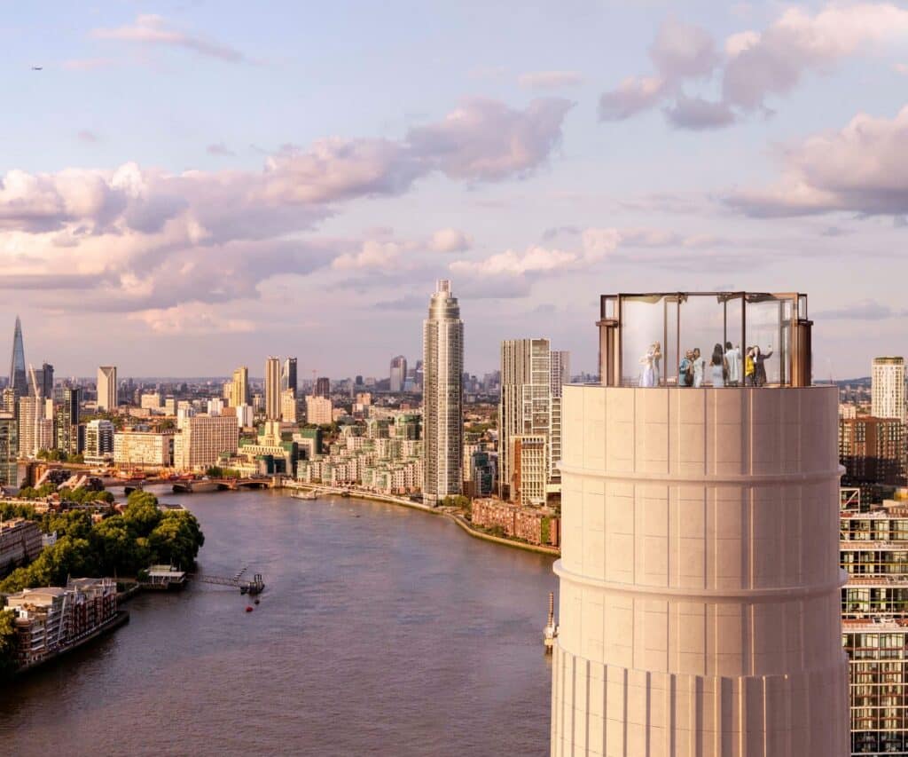 The exterior view of the Chimney Lift at Battersea Power Station