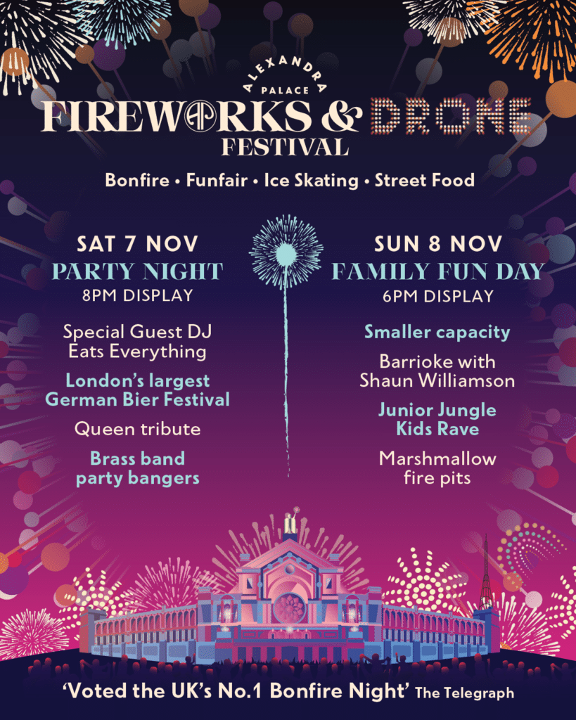 The line-up poster for the Alexandra Palace Fireworks & Drone Festival 2026