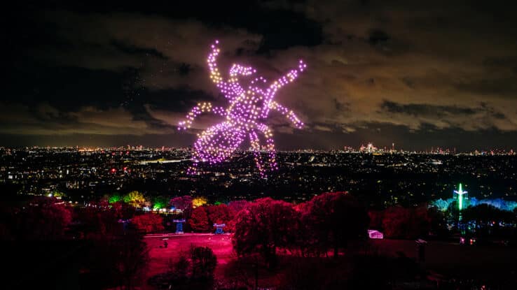 A giant pink spider made out of drones at the Alexandra Palace Fireworks & Drone Festival