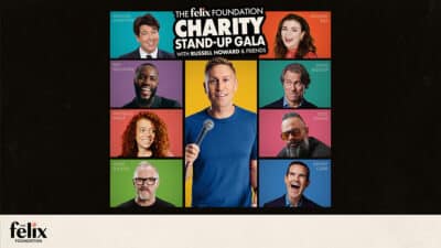 The poster for the Felix Foundation comedy gala featuring images of Russell Howard, Micheal McIntyre, Mo Gilligan, Michelle Wolf, Greg Davies, Aisling Bea, John Bishop, Gus Khan and Jimmy Carr