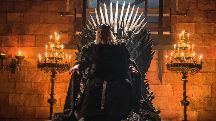 A scene from HBO's Game Of Thrones, showing David Rintoul as the Mad King