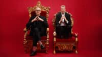 Greg Davies and Alex Horne sitting in thrones for Taskmaster Live