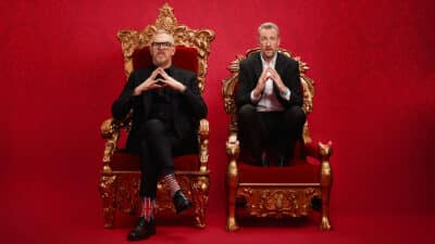 Greg Davies and Alex Horne sitting in thrones for Taskmaster Live